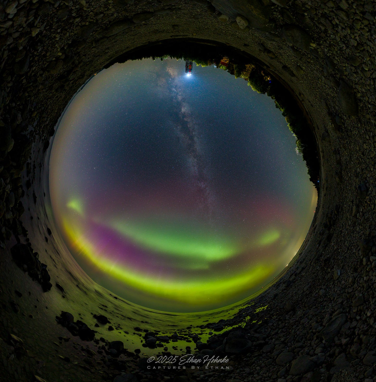 Aurora Party at the Grand Traverse Lighthouse, 360 Degree All Sky Pano Version (1:1 Ratio)