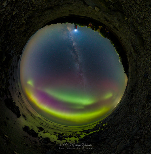 Aurora Party at the Grand Traverse Lighthouse, 360 Degree All Sky Pano Version (1:1 Ratio)