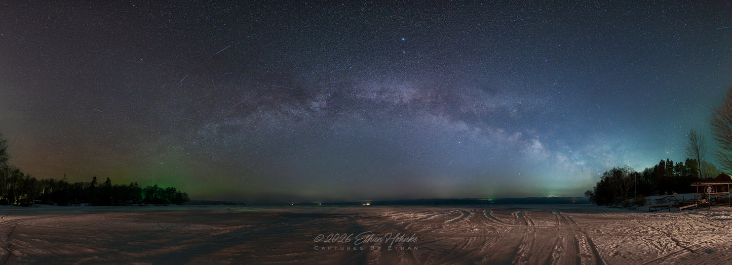 Milky Way Arch over Frozen Lake Leelanau 3:1 Panorama