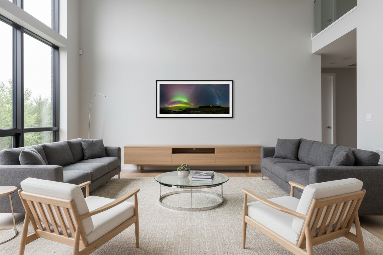 Small panoramic aurora borealis print displayed on living room wall - room mockup