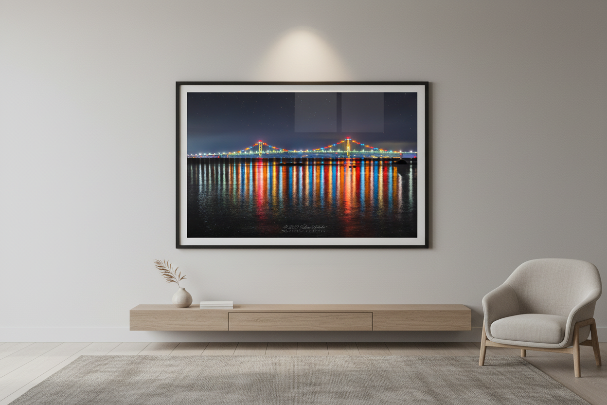 Large fine art landscape print of illuminated Mackinac Bridge at night displayed in modern living room