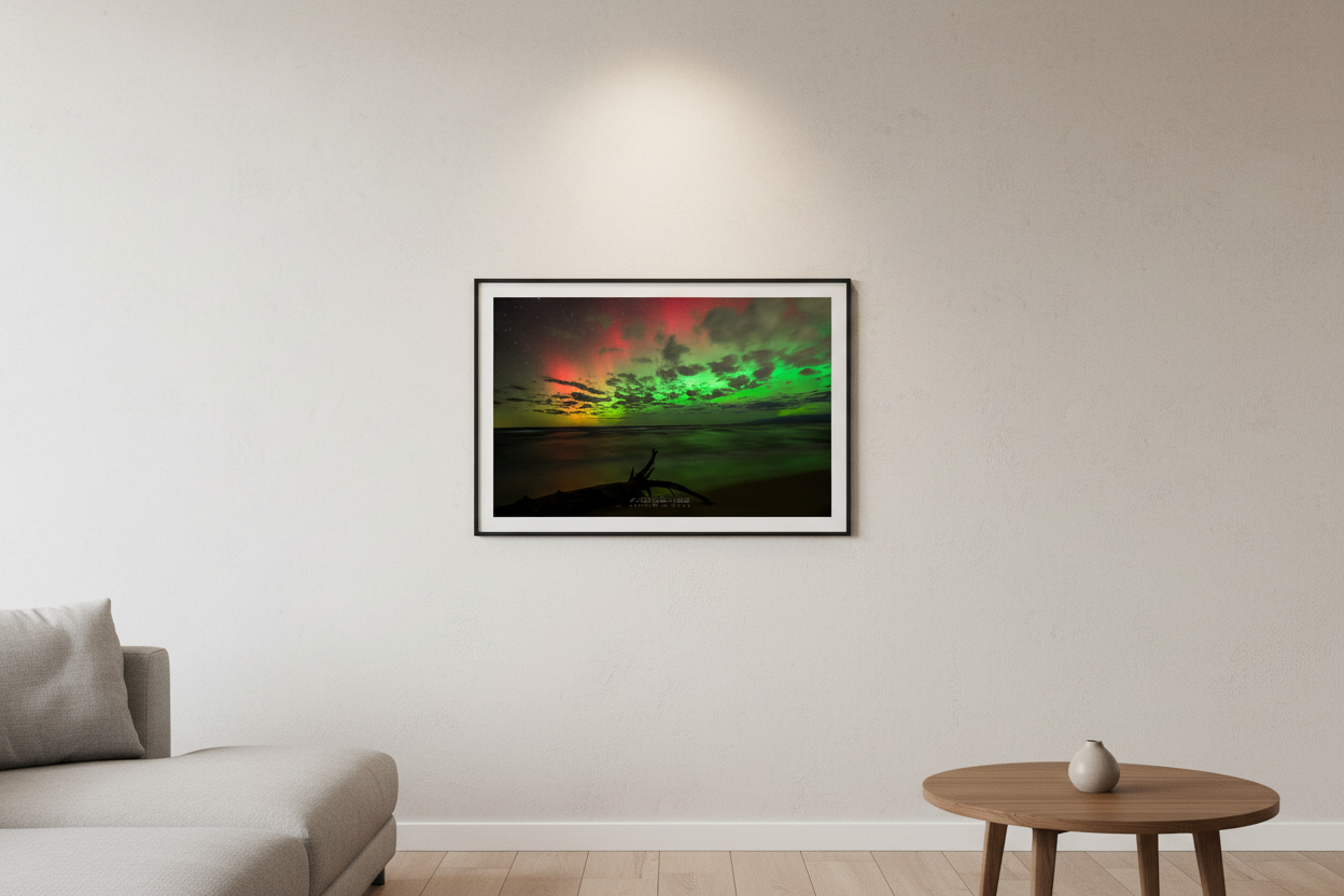 Small fine art landscape print of a rainbow aurora over Lake Michigan at Magoon Creek Natural Area Manistee County displayed in modern living room