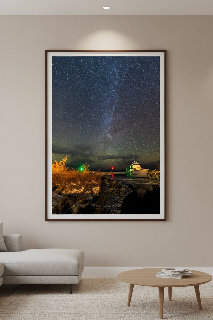 Large fine art portrait print of the Milky Way over the Mishe-Mokwa in Fishtown Leland displayed in modern living room