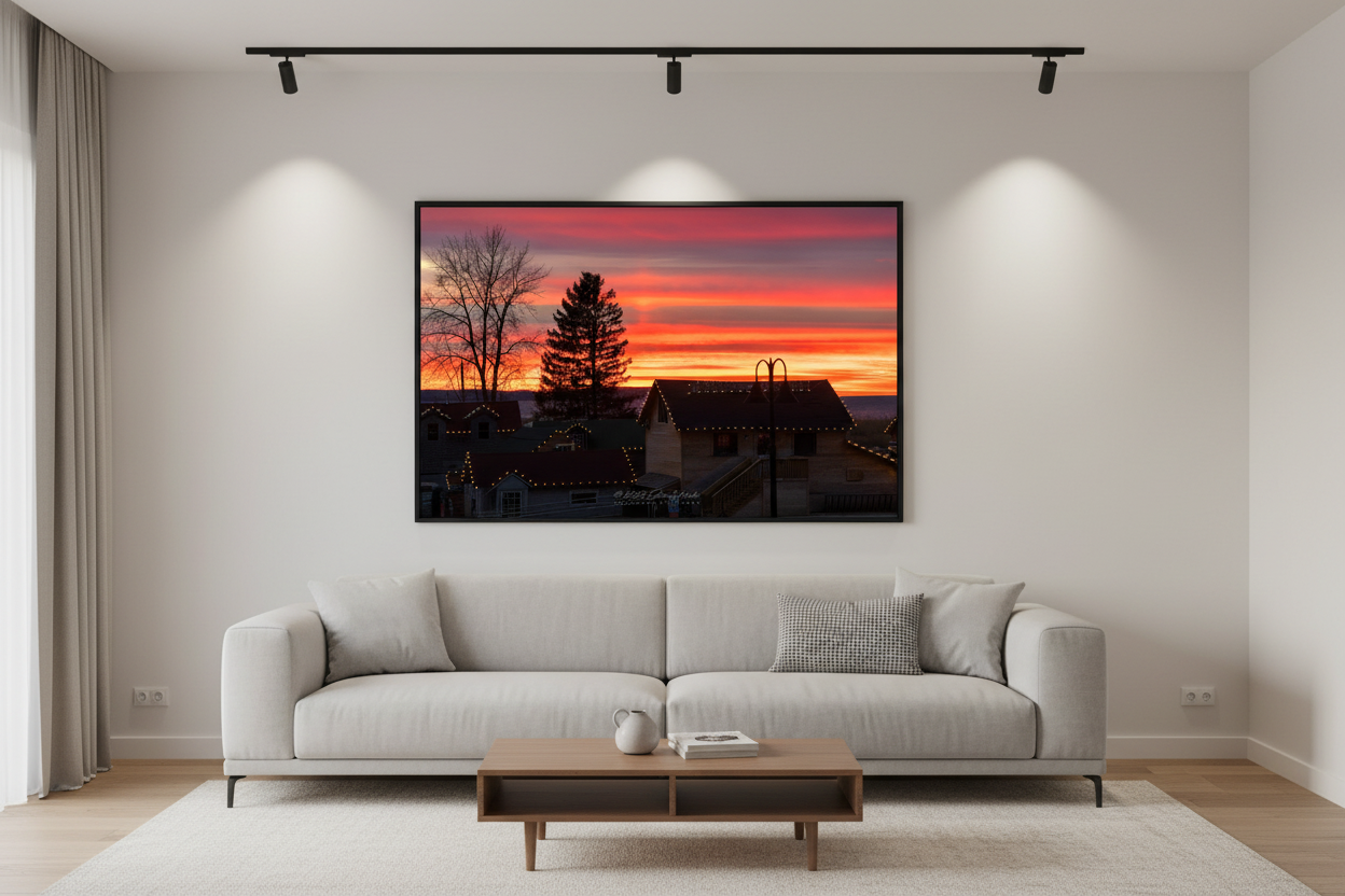 Large fine art print of Christmas sunset over Fishtown Leland Michigan displayed in modern living room