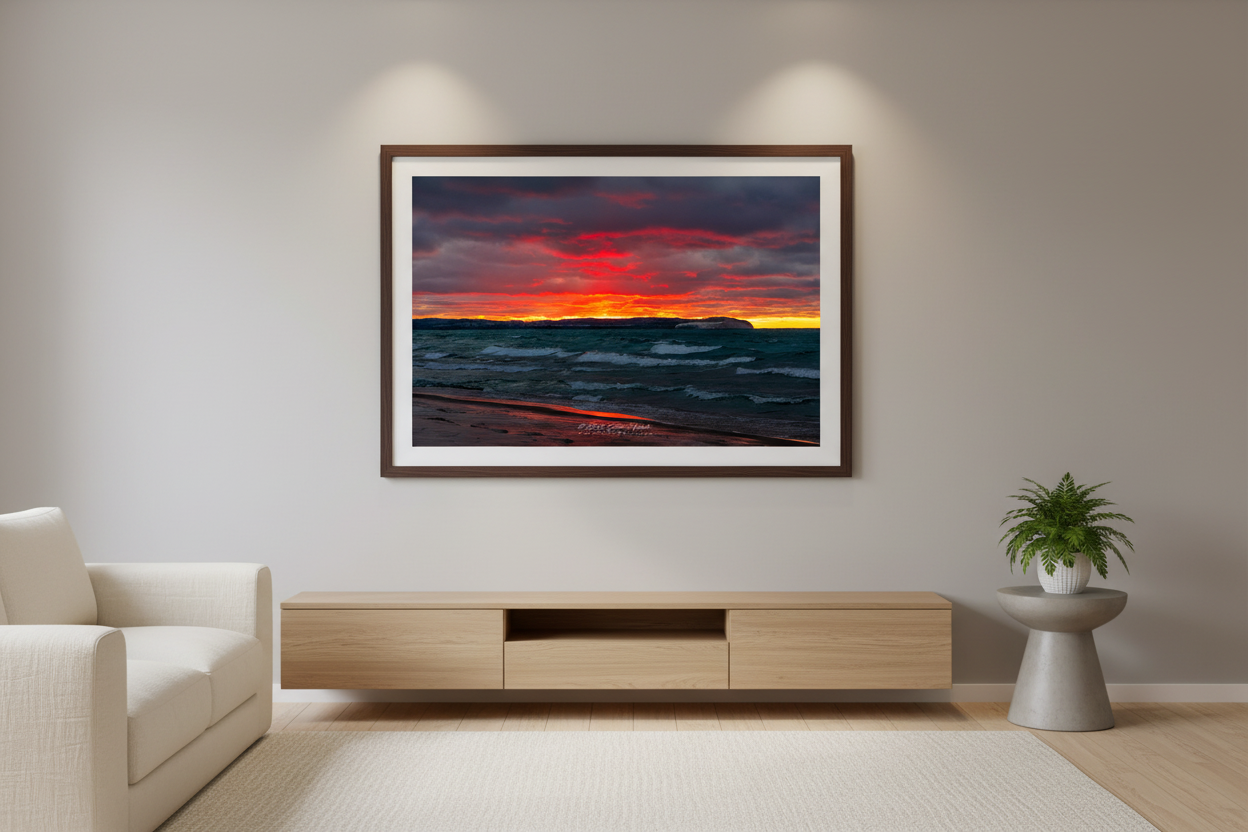 Large fine art landscape print of dramatic fiery sunset over lake with crashing waves displayed in modern living room