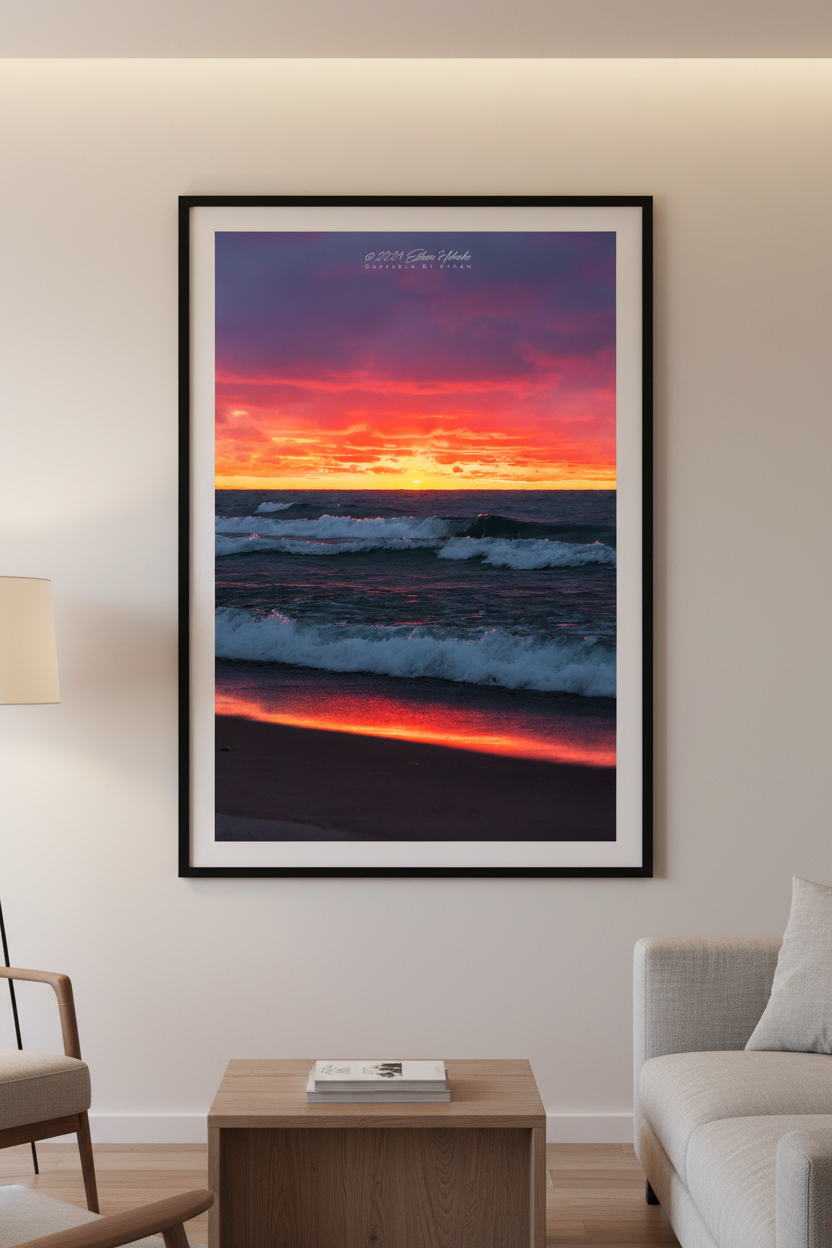 Large fine art portrait print of a fiery Lake Michigan sunset with crashing waves from Leland Michigan displayed in modern living room