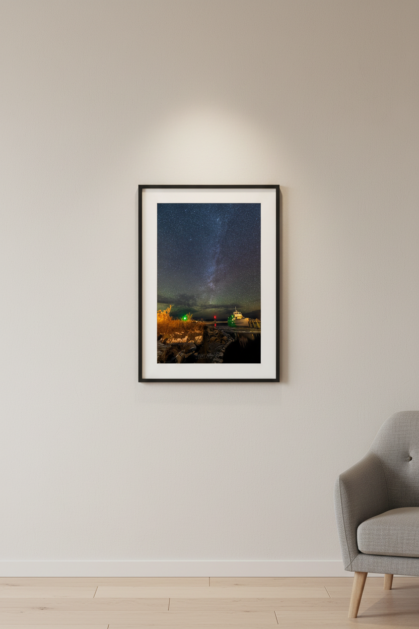 Small fine art portrait print of the Milky Way over the Mishe-Mokwa in Fishtown Leland displayed in modern living room