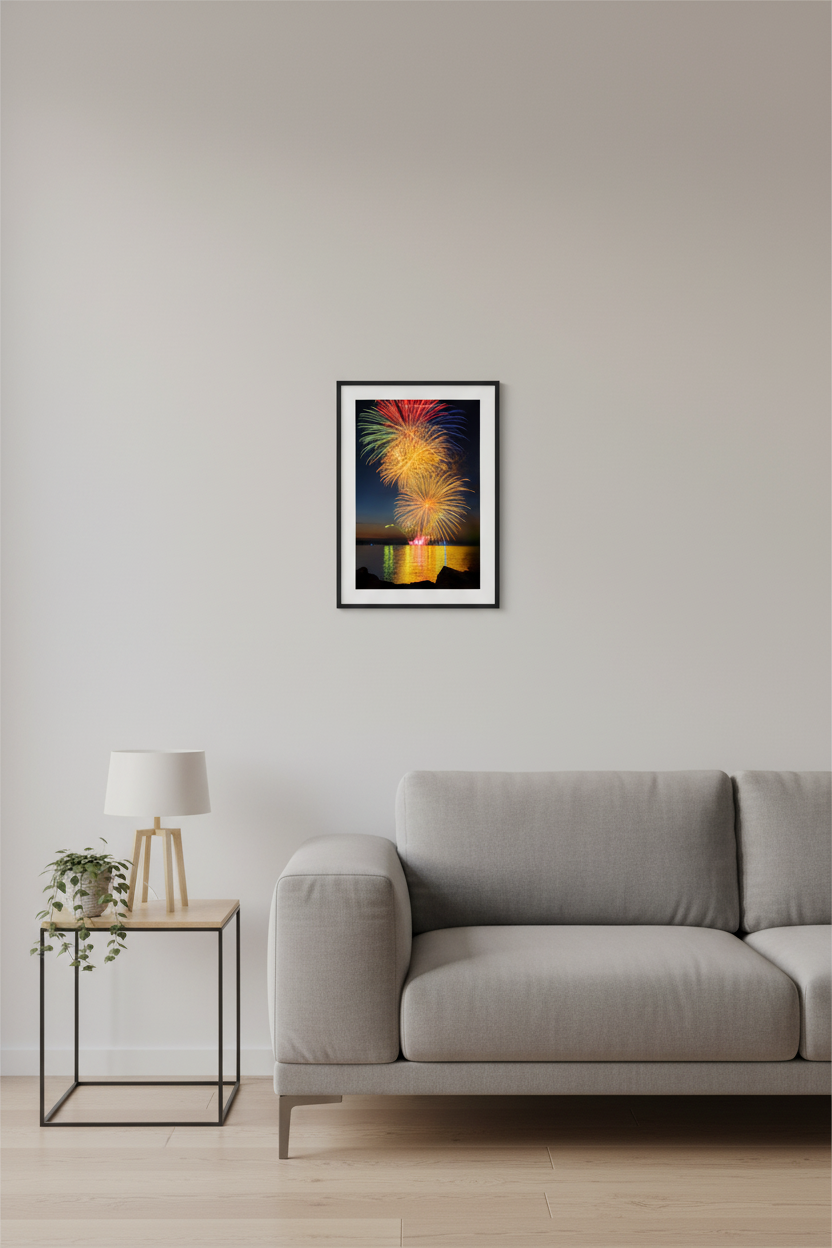 Small fine art portrait print of Traverse City 4th of July fireworks over Grand Traverse Bay displayed in modern living room