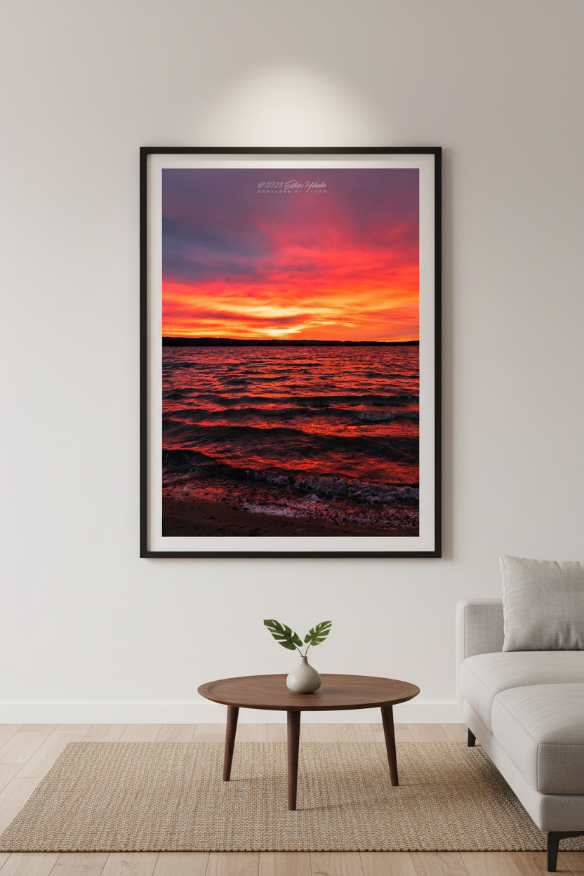 Large fine art portrait print of a fiery Lake Leelanau sunrise from Leland Michigan displayed in modern living room