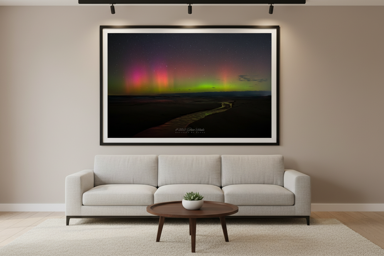 Large fine art landscape print of aurora borealis pillars over a winding creek at Magoon Creek Natural Area Manistee County Michigan displayed in modern living room