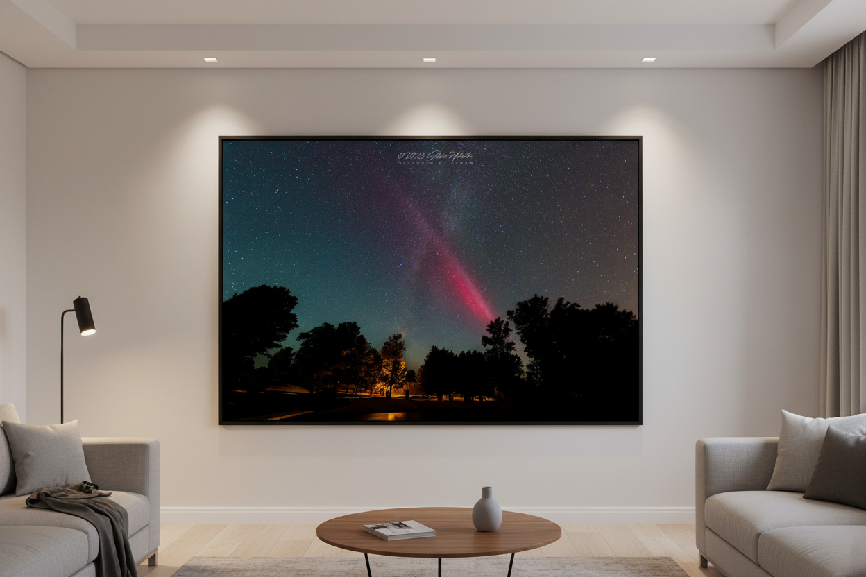 Large fine art print of S.T.E.V.E. and Milky Way over Leland at Nedows Bay Beach displayed in modern living room