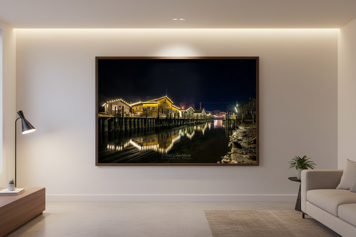 Large fine art print of illuminated Fishtown fishing shacks at night with Christmas lights reflecting on water displayed in modern living room