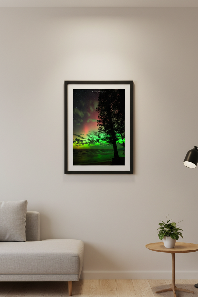 Small fine art portrait print of aurora borealis behind a silhouetted pine tree at Magoon Creek Natural Area Manistee County displayed in modern living room