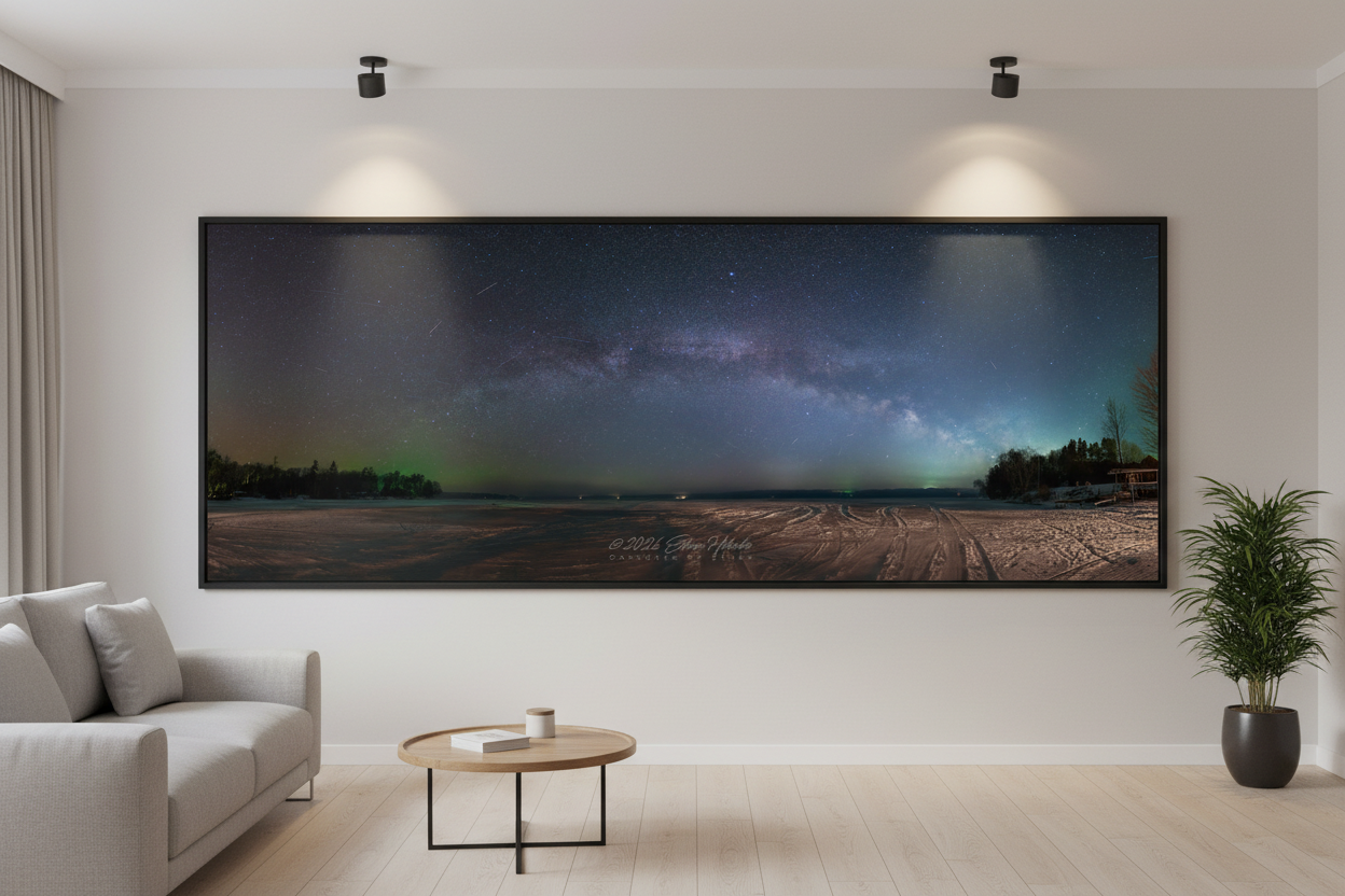 Large fine art panoramic print of Milky Way arch over frozen Lake Leelanau displayed as statement piece in modern living room