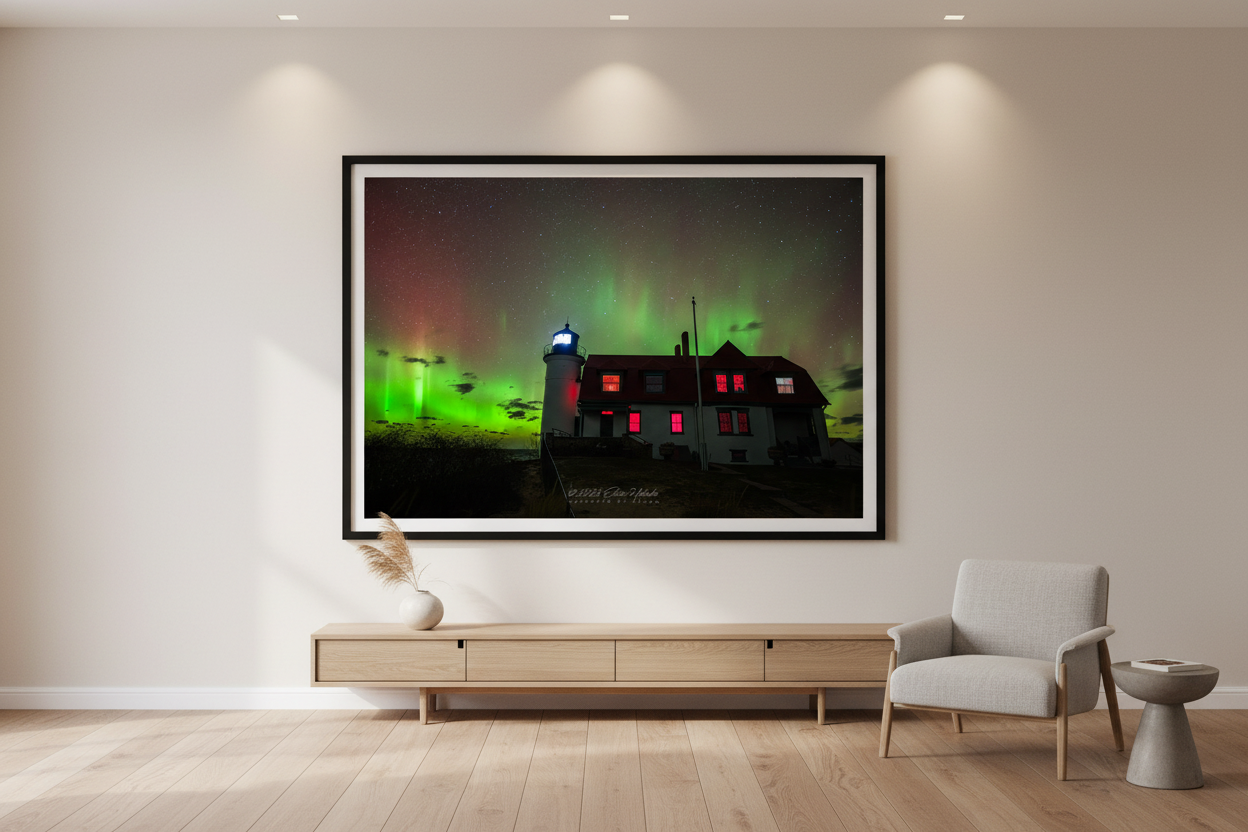 Large fine art landscape print of the aurora borealis over Point Betsie Lighthouse Michigan displayed in modern living room