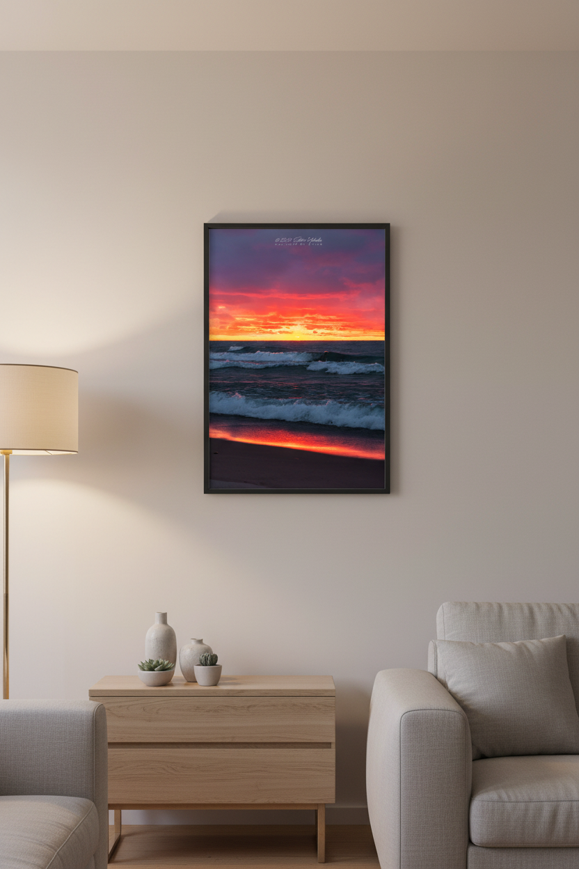 Small fine art portrait print of a fiery Lake Michigan sunset with crashing waves from Leland Michigan displayed in modern living room