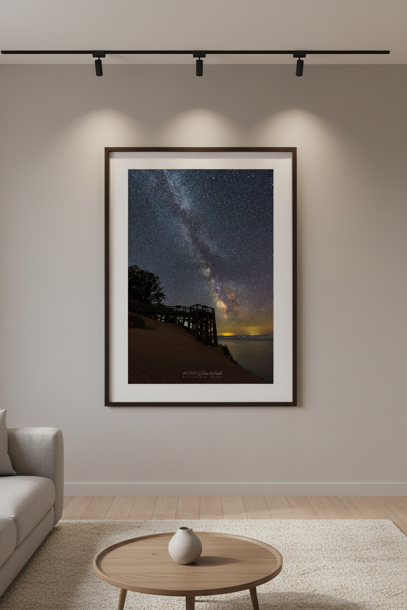 Large fine art portrait print of the Milky Way over Overlook 9 boardwalk at Sleeping Bear Dunes National Lakeshore displayed in modern living room