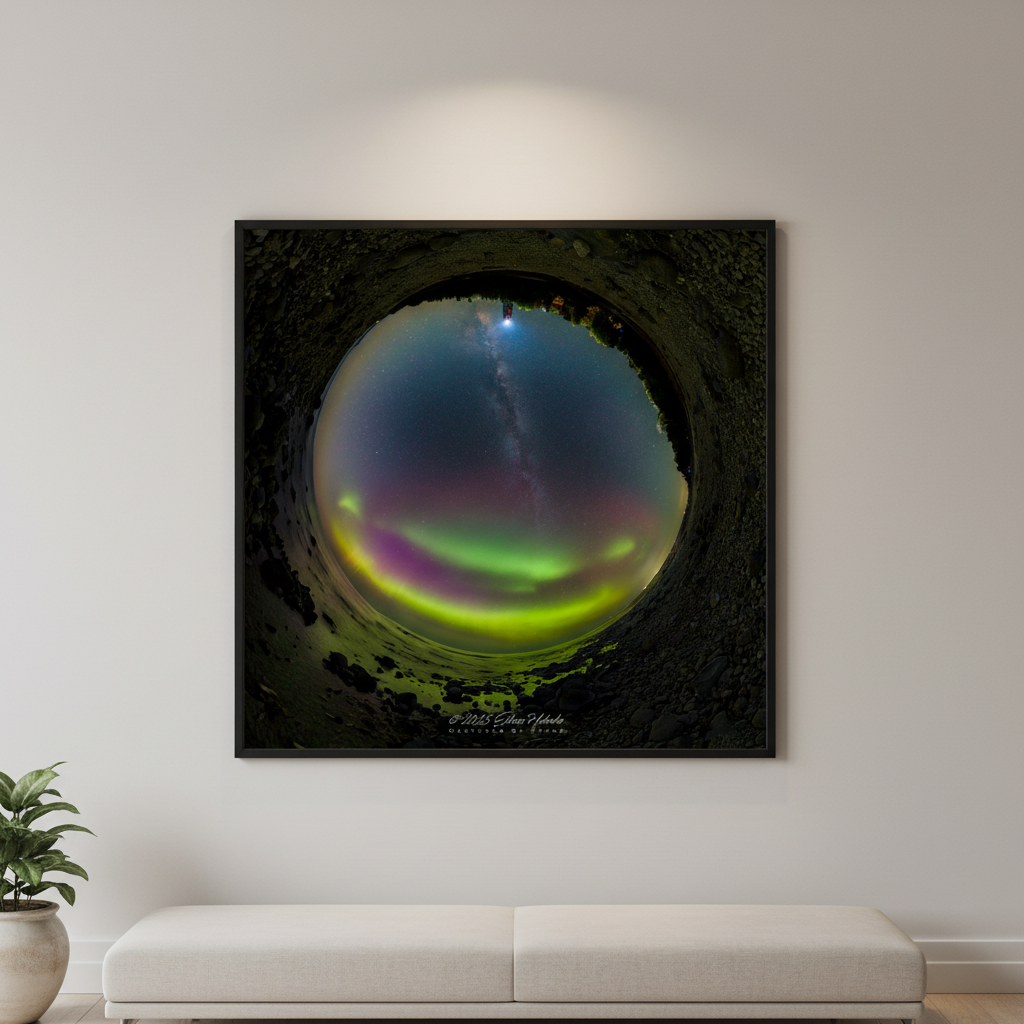 Large fine art square print of the aurora borealis and Milky Way tiny planet panorama over Grand Traverse Lighthouse displayed in modern living room