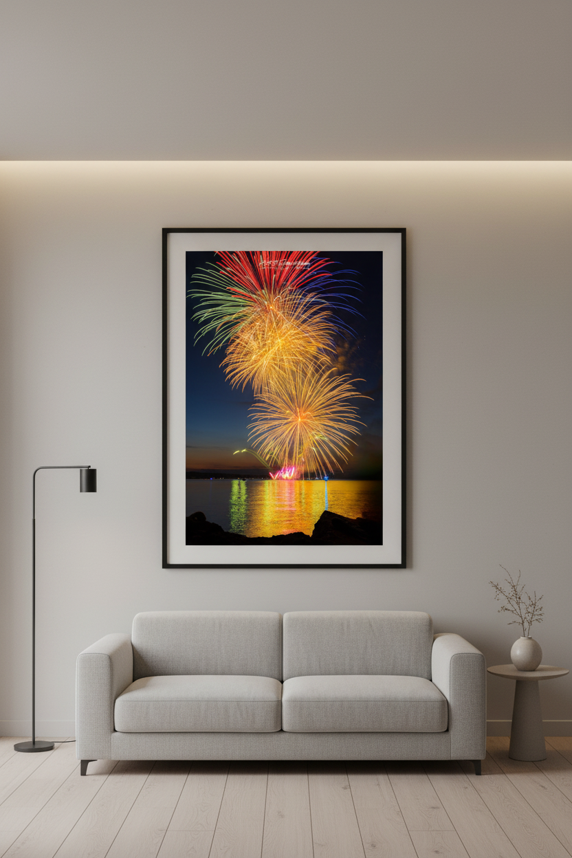 Large fine art portrait print of Traverse City 4th of July fireworks over Grand Traverse Bay displayed in modern living room