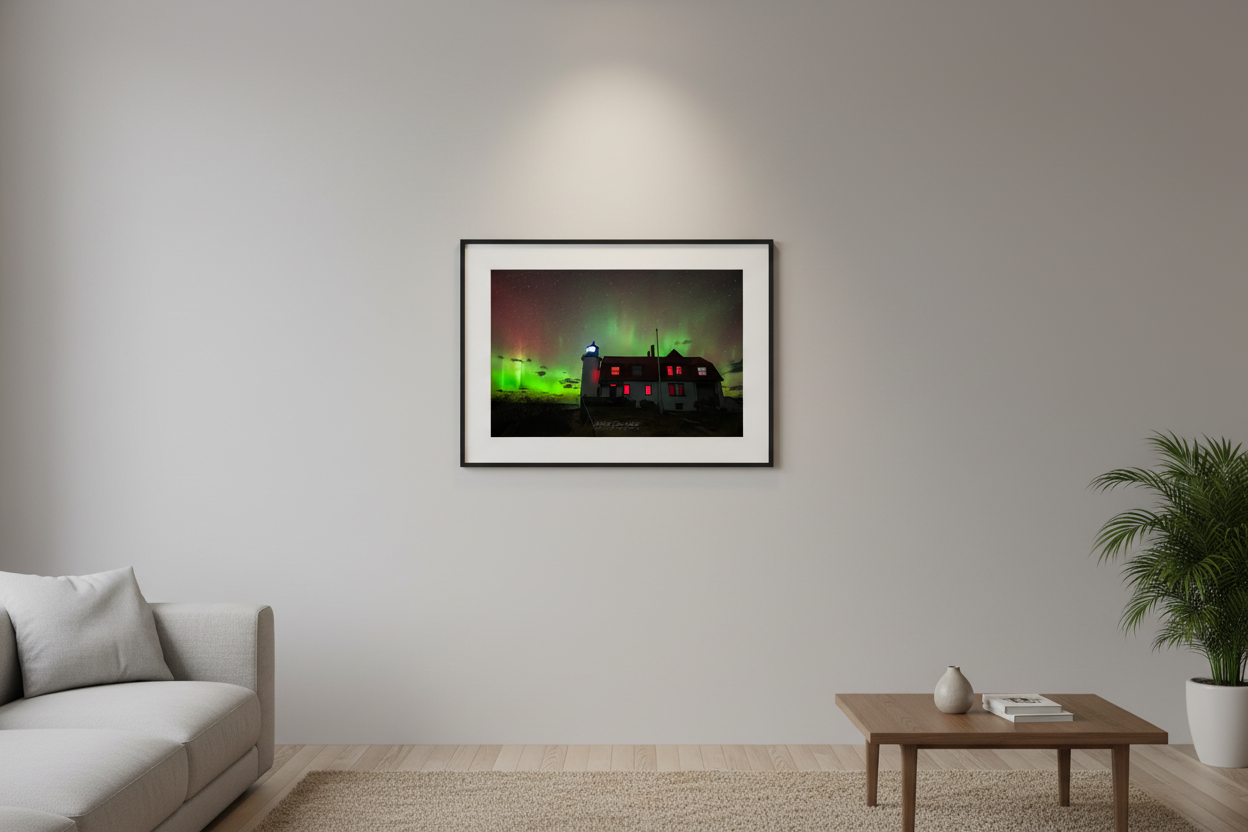 Small fine art landscape print of the aurora borealis over Point Betsie Lighthouse Michigan displayed in modern living room