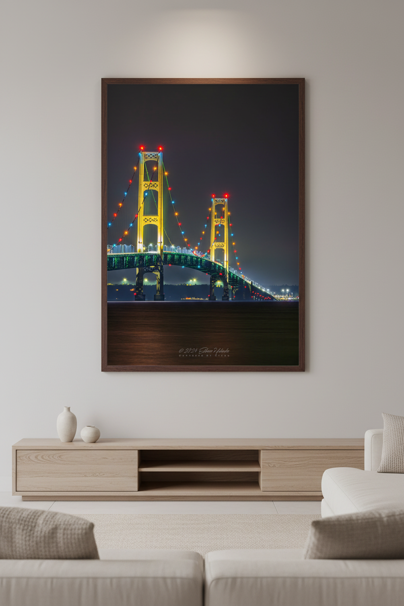Large fine art portrait print of the Mackinac Bridge two towers lit up at night with colorful holiday lights displayed in modern living room
