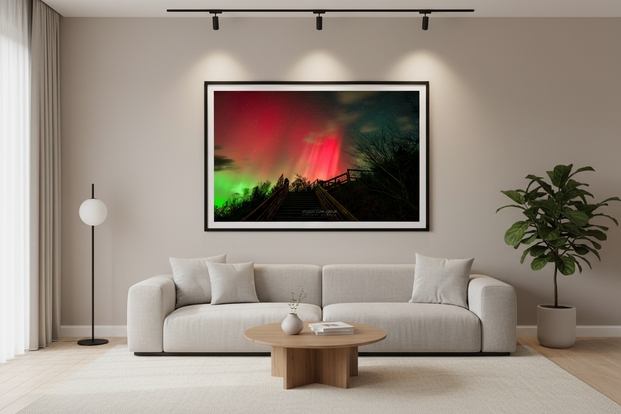 Large fine art landscape print of the northern lights over Inspiration Point Overlook staircase in Arcadia Michigan displayed in modern living room