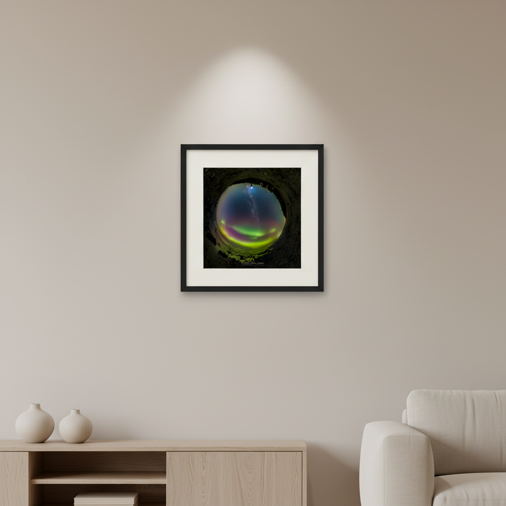 Small fine art square print of the aurora borealis and Milky Way tiny planet panorama over Grand Traverse Lighthouse displayed in modern living room