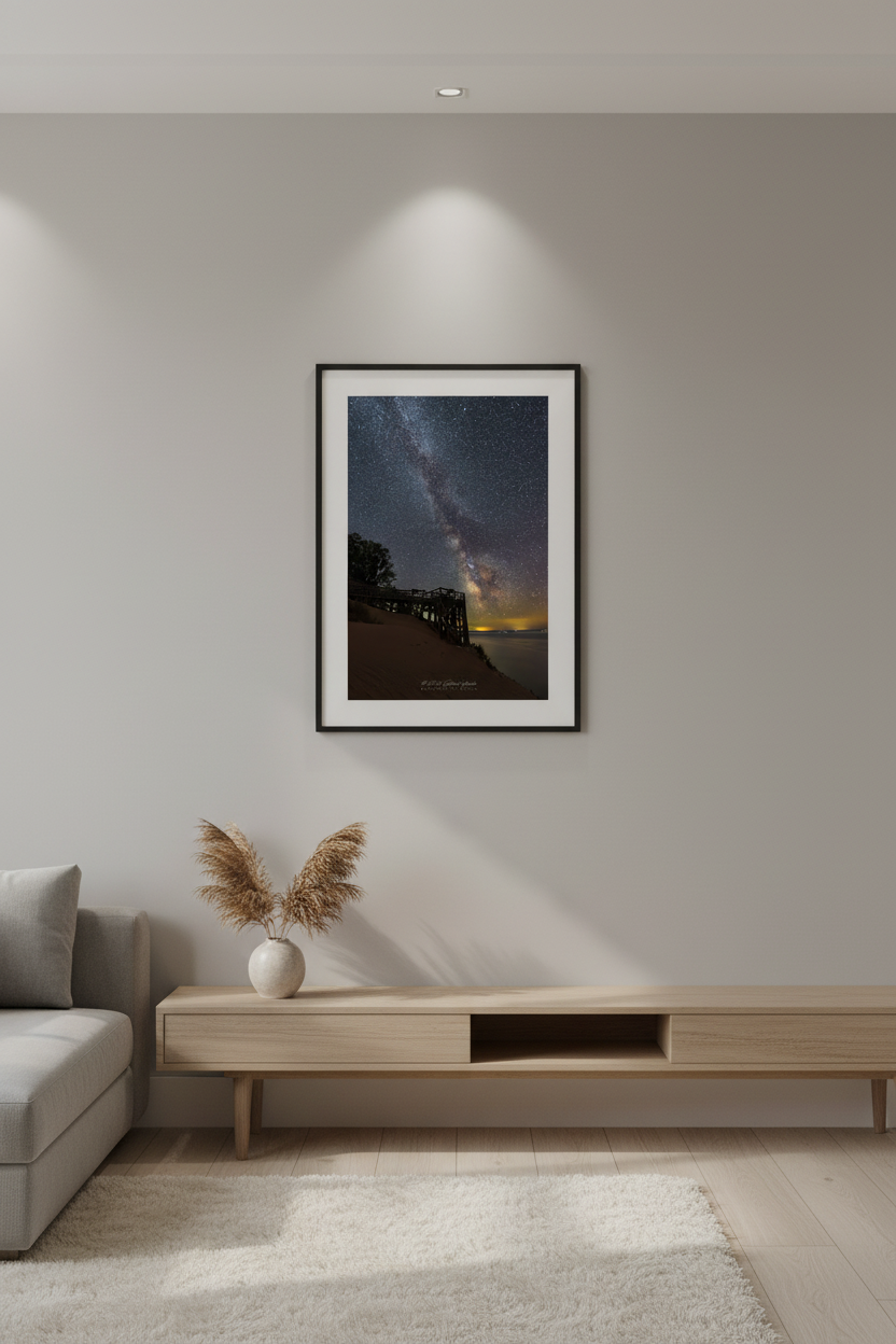Small fine art portrait print of the Milky Way over Overlook 9 boardwalk at Sleeping Bear Dunes National Lakeshore displayed in modern living room