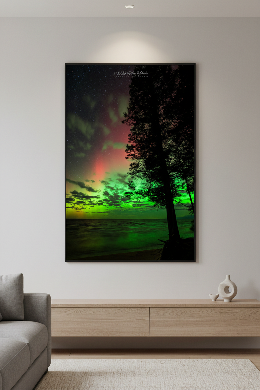 Large fine art portrait print of aurora borealis behind a silhouetted pine tree at Magoon Creek Natural Area Manistee County displayed in modern living room