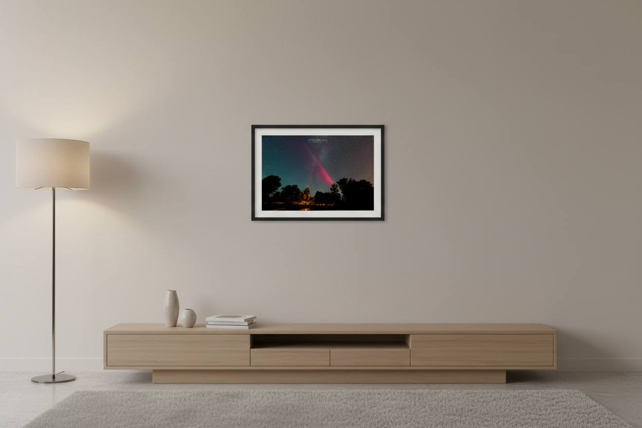 Small fine art print of S.T.E.V.E. and Milky Way over Leland at Nedows Bay Beach displayed in modern living room