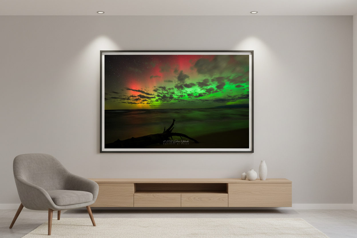 Large fine art landscape print of a rainbow aurora over Lake Michigan at Magoon Creek Natural Area Manistee County displayed in modern living room